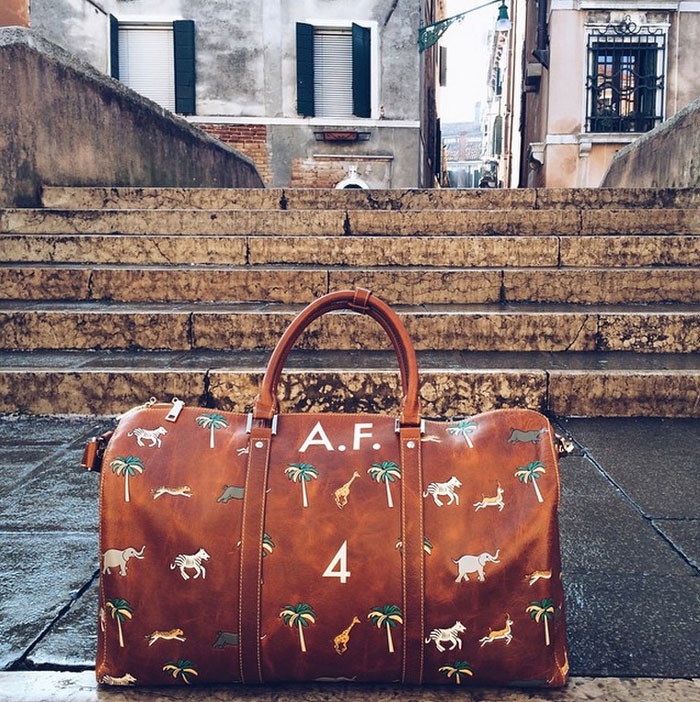 The Travel Bag inspired by Wes Anderson's The Darjeeling Limited movie.  Made of genuine leather, it can be personalized with your initials.